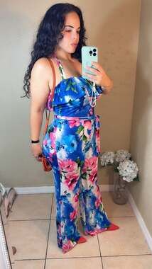 Blue and Pink Floral Halter Ruffle Wide Leg Jumpsuit with Tie Waist